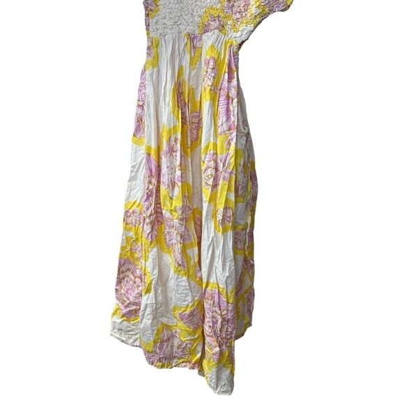 Free People Kalimantan Printed Midi Dress Bold Floral Ruched Blush Yellow Medium - Picture 5 of 14